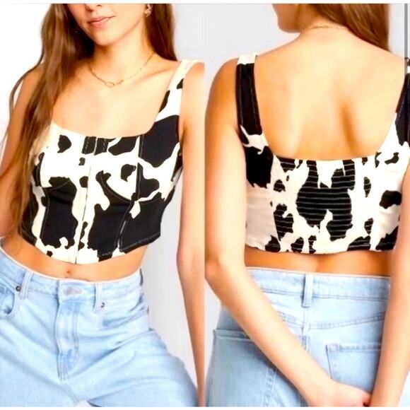 Lone Star Cow Print Western Corset Structured Denim Crop Top Women's Size Large - Picture 1 of 8